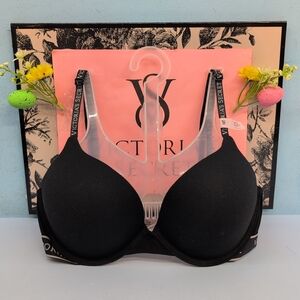 Victoria Secret Cotton Logo Perfect Shape Underwire Push Up Bra 32D Black